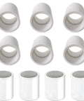 10 Pack Three Quarter Inch PVC Pipe Coupling Adapters Socket To Socket Sch 40 Slip Connectors for home and industrial use, displayed in rows