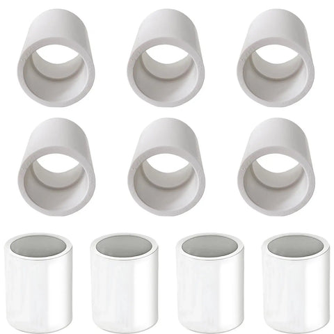 10 Pack Three Quarter Inch PVC Pipe Coupling Adapters Socket To Socket Sch 40 Slip Connectors for home and industrial use, displayed in rows