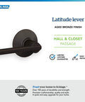 F10 LAT 716 Latitude Door Lever Hall And Closet Passage Lock Aged Bronze Finish shown with round base and lever design
