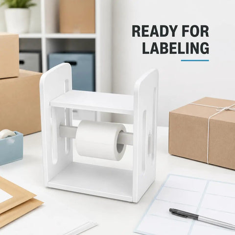Premium Solid Wood Label Holder In Clean White, No Sweat Setup Printer Stand And Sticker Dispenser For Thermal Rolls And 4X6 Shipping Labels, displaying a roll on a desk.