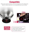 4 Inch Inlet To 8 Inch Outlet Stainless Steel Exhaust Tip compatibility illustration with 4-inch inlet and vehicle tailpipe notice.