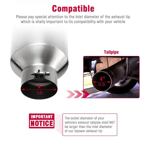 4 Inch Inlet To 8 Inch Outlet Stainless Steel Exhaust Tip compatibility illustration with 4-inch inlet and vehicle tailpipe notice.