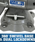 Workhorse Bench Vise With Five and a Half Inch Jaw Five Inch Opening Two and Three Quarter Inch Throat 360 Degree Rotating Head