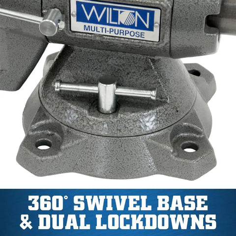 Workhorse Bench Vise With Five and a Half Inch Jaw Five Inch Opening Two and Three Quarter Inch Throat 360 Degree Rotating Head