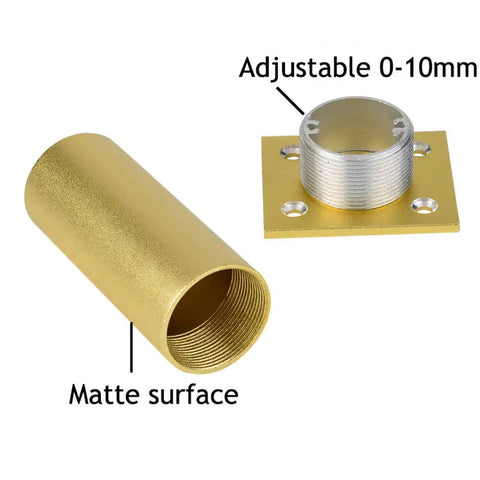 Matte Gold Round Metal Furniture Legs Adjustable Aluminum Replacement Feet for Couch Cabinet and Bed Easy Install Set of 4 showing parts