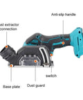 Compact Cordless Mini Angle Grinder With Three Inch Cut Off Disc For Kick Serious Metal And Wood Tasks Featuring Battery Powered Portability and detailed parts.