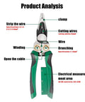Diagram highlighting features of All In One Wire Stripper And Cable Cutter With Built In Voltage Tester For 12-250V AC DC Electrician Work Pliers Crimper Twister Splitting Tool Go-To For Electricians And DIY Enthusiasts Durable Steel Construction Comfortable Grip 8 In 1 Versatility