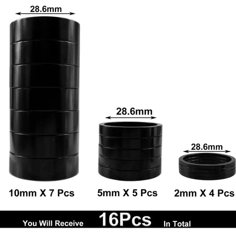16 Piece Aluminum Bicycle Headset Spacers Set For One And One Eighth Inch Threadless Stems Adjustable Heights Black