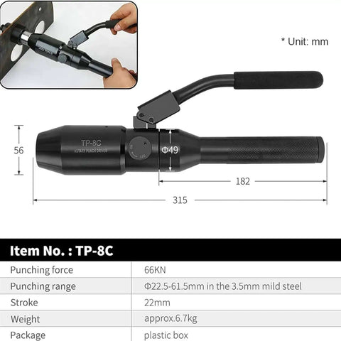 Portable Manual Hydraulic Hole Punch Kit With Six Dies, 360 Degree Rotating Conduit Hole Cutter Set dimensions and specifications