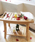 Bamboo Spa Shower Bench With Storage Shelf Non Slip Bath Stool For Adults Seniors Women Elderly Tileable Waterproof Easy Maintenance Comfort Sit And Relax During Shower Time with rose petals in a bathroom setting