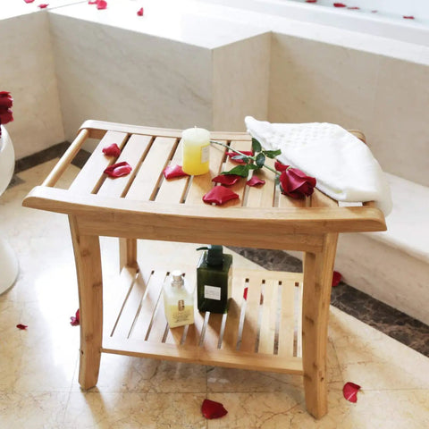 Bamboo Spa Shower Bench With Storage Shelf Non Slip Bath Stool For Adults Seniors Women Elderly Tileable Waterproof Easy Maintenance Comfort Sit And Relax During Shower Time with rose petals in a bathroom setting