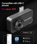 Smartphone Thermal Imaging Camera With 320x240 IR Resolution For iOS And Android USB-C Compatible -4 F To 842 F Temperature Range Easy App Setup Perfect For DIYers Home And Worksite, USB-C device with Camera+ app shown on screen.