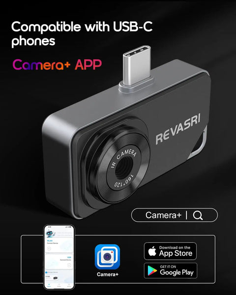 Smartphone Thermal Imaging Camera With 320x240 IR Resolution For iOS And Android USB-C Compatible -4 F To 842 F Temperature Range Easy App Setup Perfect For DIYers Home And Worksite, USB-C device with Camera+ app shown on screen.