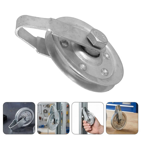 Heavy Duty Garage Door Pulley Kit With 3 Inch Sheave Wheels, close-up of a clevis fork pulley made from galvanized steel.