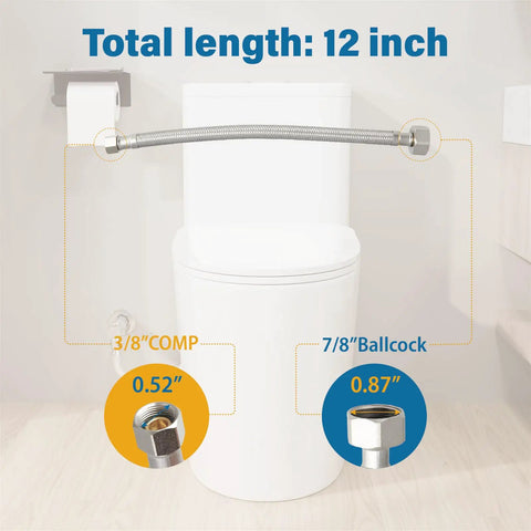 Toilet with 3/8 COMP to 7/8 Ballcock water supply line, 12-inch hose, showing connection points
