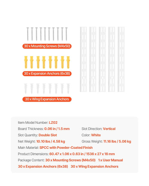 Premium Heavy Duty 60 Inch Shelf Pilasters 5 Pack Dual Track Upright Wall Shelving System Featuring Twin Slot Rails And Hardware, includes screws and anchors.