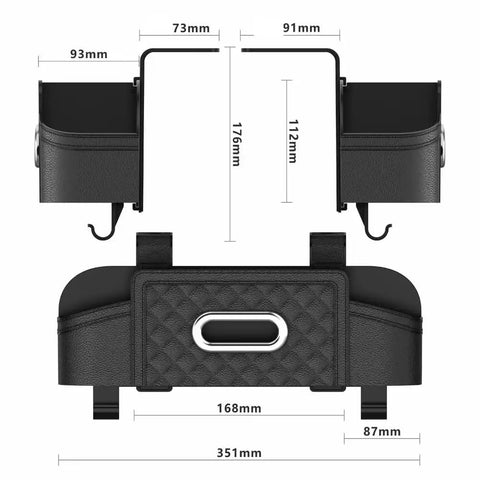 Premium Faux Leather Car Organizer For Tesla Cybertruck headrest storage dimensions with hooks for easy attachment.