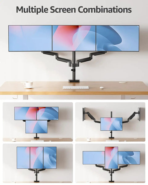 Triple Monitor Desk Mount For Up To 27 Inch Screens, Heavy Duty Arm System With Each Arm Holding 4.4 To 19.8 Lbs, Vesa 75x75 And 100x100 Compatible, Fully Adjustable Triple Monitor Stand For Your Desktop Rig, Black.