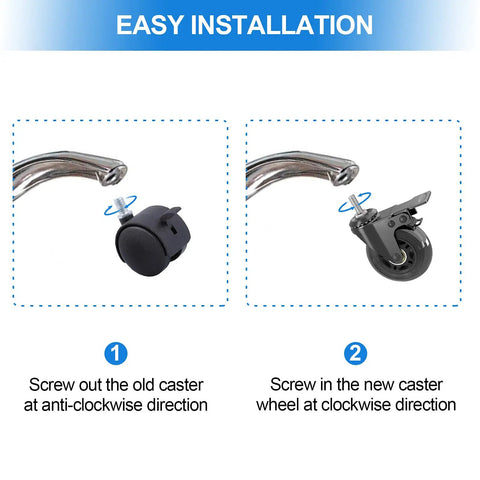 Installation guide for 3 Inch Swivel Stem Caster Wheels Set Of 5 With 5/16-18UNC Threaded Stem, showing removal and attachment process.