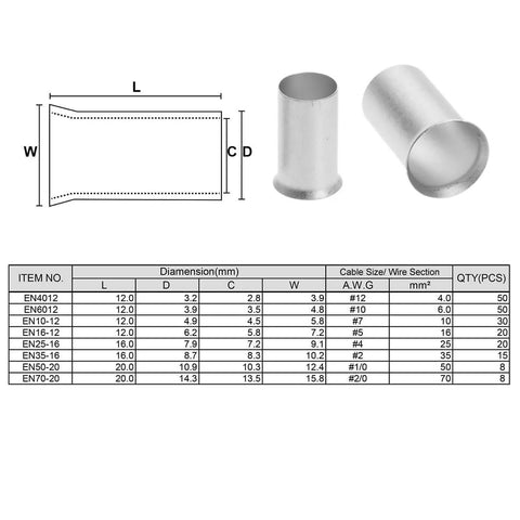 Diagram showing dimensions and sizes of Assorted Copper Wire Ferrules And Pin Terminals Kit With Tinned Matte Tin Plating For Top Conductivity 99.9 Percent Pure Copper Electrical Cable End Terminals Eight Size Gauges From 12 To 2/0 Including 1/0 And 2/0, DIY For Home Workshop And Projects.