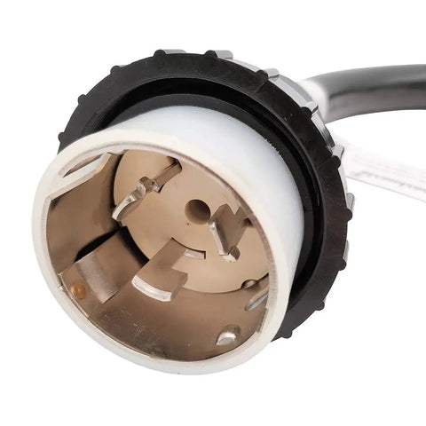 Close-up of NEMA SS2-50P connector on Beefy 50A Shore Power Adapter Cord For RV And EV 1.5ft, showing copper terminals.