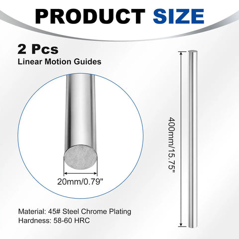 Two 20mm By 400mm Linear Motion Rods Chrome Plated Solid Case Hardened Shaft Guide For CNC Rigs DIY Projects 3D Printers Model Cars And Planes Smooth Durable And Precise, 20mm x 400mm steel