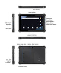 Hardcore 10.1 Inch Android 14 Industrial Tablet With Built In Zebra Barcode Scanner front and back view showcasing ports and features.