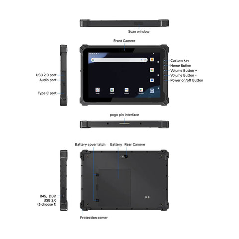 Hardcore 10.1 Inch Android 14 Industrial Tablet With Built In Zebra Barcode Scanner front and back view showcasing ports and features.