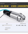 Super Rock Solid Automatic Tool Changer Electric Spindle Motor For CNC Engraving Milling Metal Mold Processing With 22Kw High Power Fan Cooling System showing 22.0KW motor with water cooling features.