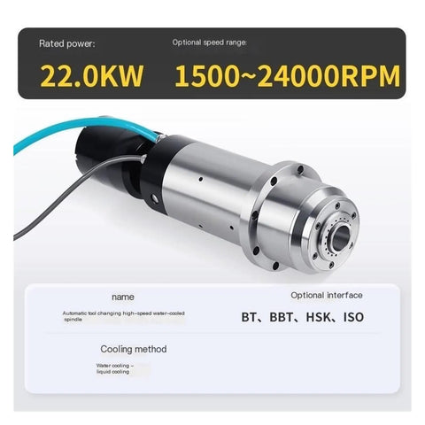 Super Rock Solid Automatic Tool Changer Electric Spindle Motor For CNC Engraving Milling Metal Mold Processing With 22Kw High Power Fan Cooling System showing 22.0KW motor with water cooling features.