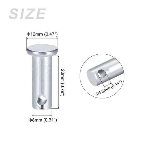 Heavy Duty Rock Solid Carbon Steel Clevis Pins 8mm X 20mm shown with dimensions for flat head fasteners and holes.