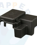 Rock Solid Heavy Duty Straight Drop In Battery Positive Cable Junction Block Cover Compatible With 2015 Through 2019 Chevy Silverado Tahoe Suburban Gmc Sierra Yukon Cadillac Escalade, black plastic, front view.