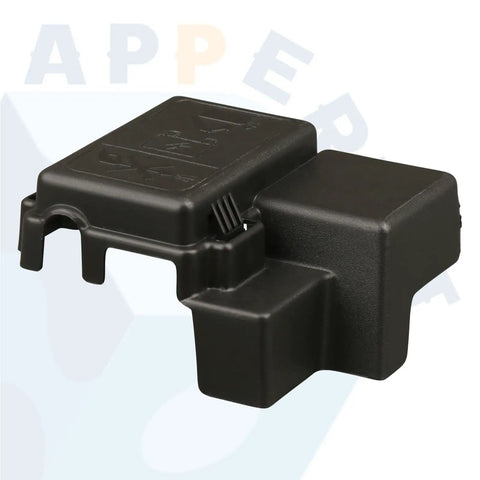 Rock Solid Heavy Duty Straight Drop In Battery Positive Cable Junction Block Cover Compatible With 2015 Through 2019 Chevy Silverado Tahoe Suburban Gmc Sierra Yukon Cadillac Escalade, black plastic, front view.