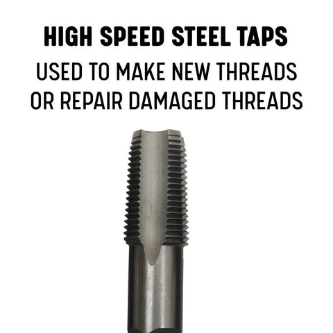 One Eighth Inch NPS Tap And One Inch OD Round Die Kit HSS National Pipe Straight Tap And Die Set For Easy Threading And Re Threading Versatile Tool For Low Pressure Pipe Work On Steel And Brass close-up of HSS tap with text "High Speed Steel Taps Used to Make New Threads or Repair Damaged Threads."