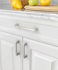 10 Pack Brushed Satin Nickel Cabinet Pulls 5 Inch 128mm Modern Kitchen Cabinet Hardware Handles installed on white drawers