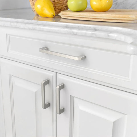 10 Pack Brushed Satin Nickel Cabinet Pulls 5 Inch 128mm Modern Kitchen Cabinet Hardware Handles installed on white drawers