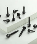 Black Zinc Stainless Self Tapping Screws Set displayed on white surface, 121 Piece, 410 Stainless, Hex Washer Head, Black Finish