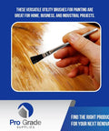 Close-up of three eighths inch disposable acid brush applying stain, included in the bulk 72 pack for shop and DIY use.