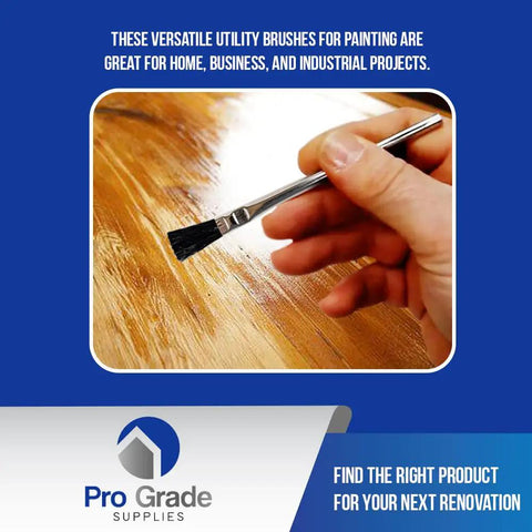 Close-up of three eighths inch disposable acid brush applying stain, included in the bulk 72 pack for shop and DIY use.