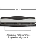 Heavy Duty 3 Hole Punch For Office Paper, High End Adjustable Desktop Punch, 11.7-inch width, black and silver metal, precise holes