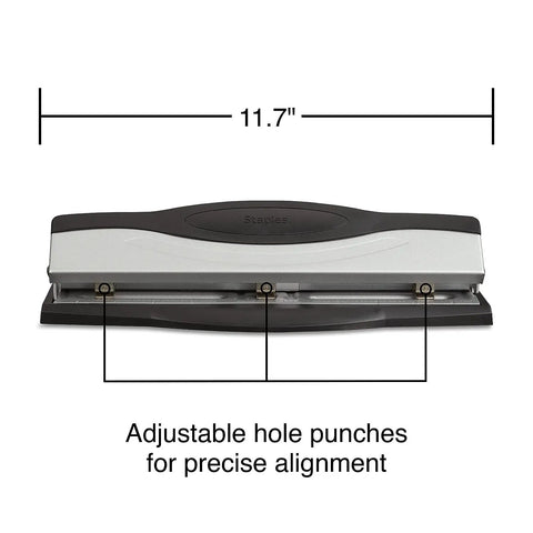 Heavy Duty 3 Hole Punch For Office Paper, High End Adjustable Desktop Punch, 11.7-inch width, black and silver metal, precise holes