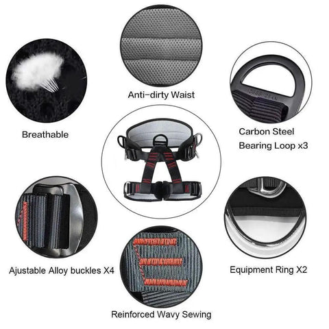 Diagram showcasing features of a heavy duty half body safety climbing belt for tree climbing, CE certified, 300KG capacity
