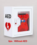 AED cabinet, white metal wall-mounted, front view with glass window and left AED label