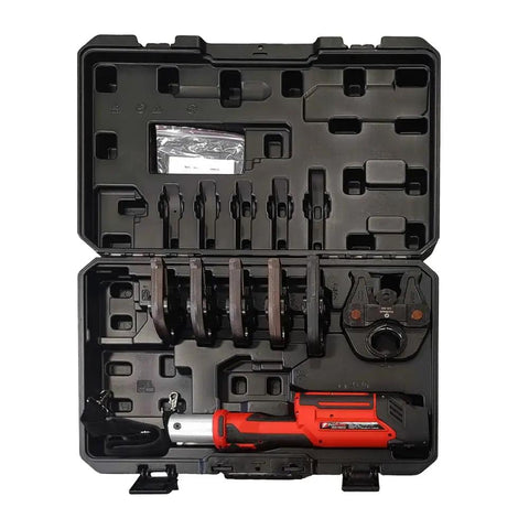 18V Copper Press Tool Kit with half inch to two inch jaws and carrying case, delivers up to 7,200 lbs crimp power, compatible with Milwaukee M18 batteries