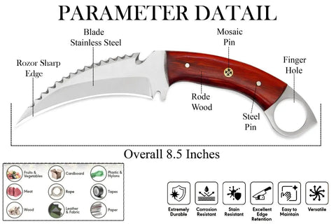 Diagram highlighting features of Handmade Fixed Blade Hunting Knife With Red Wood Handle For Outdoor Camping And Survival Stainless Steel Full Tang