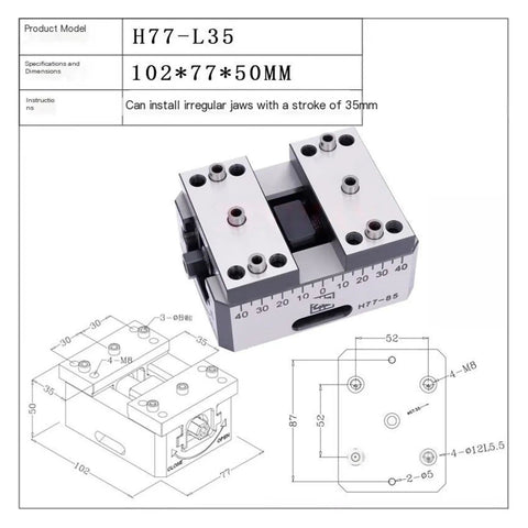 Self-Centering Vise for Quick-Change 4 and 5 Axis Machining, Heavy-Duty Clamp dimensions and specifications