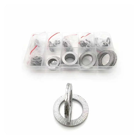 Double Layer Self Locking Washers Kit 77 Piece Set M3 To M18 In 304 Stainless Steel For Vibration Resistant Bolts DIN 25201 open case and washer close-up