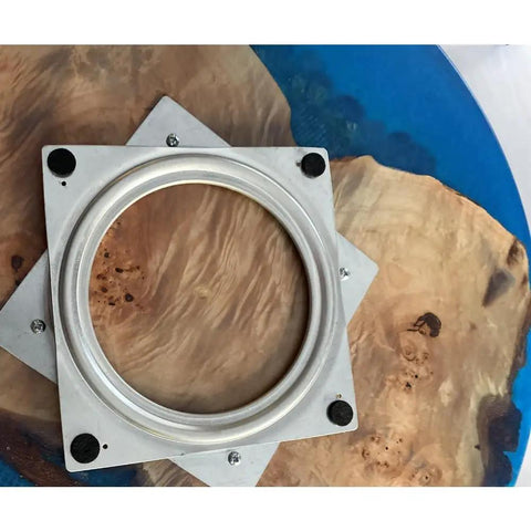 Bottom view of 18 Inch Turntable Lazy Susan in Snazzy Walnut with Translucent White Epoxy Rivers for a super sleek dining table.