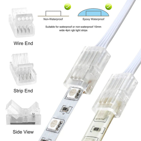 Plug And Play 10 Pack 4 Pin 10mm LED Strip Connectors With 32.8ft RGB Extension Cable close-up of connector and strip ends