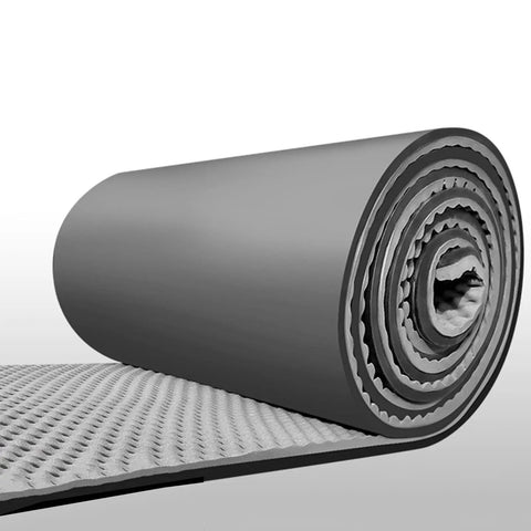Top Shelf Self Adhesive Soundproof Foam Roll For Garage Gyms And Bedroom Studios Killer Noise Blocking Acoustic Wall Pads Heavy Duty Heat Proof Yellow Polyurethane Cushioning 3 Centimeter Thickness Two Yard Roll in gray color rolled up.